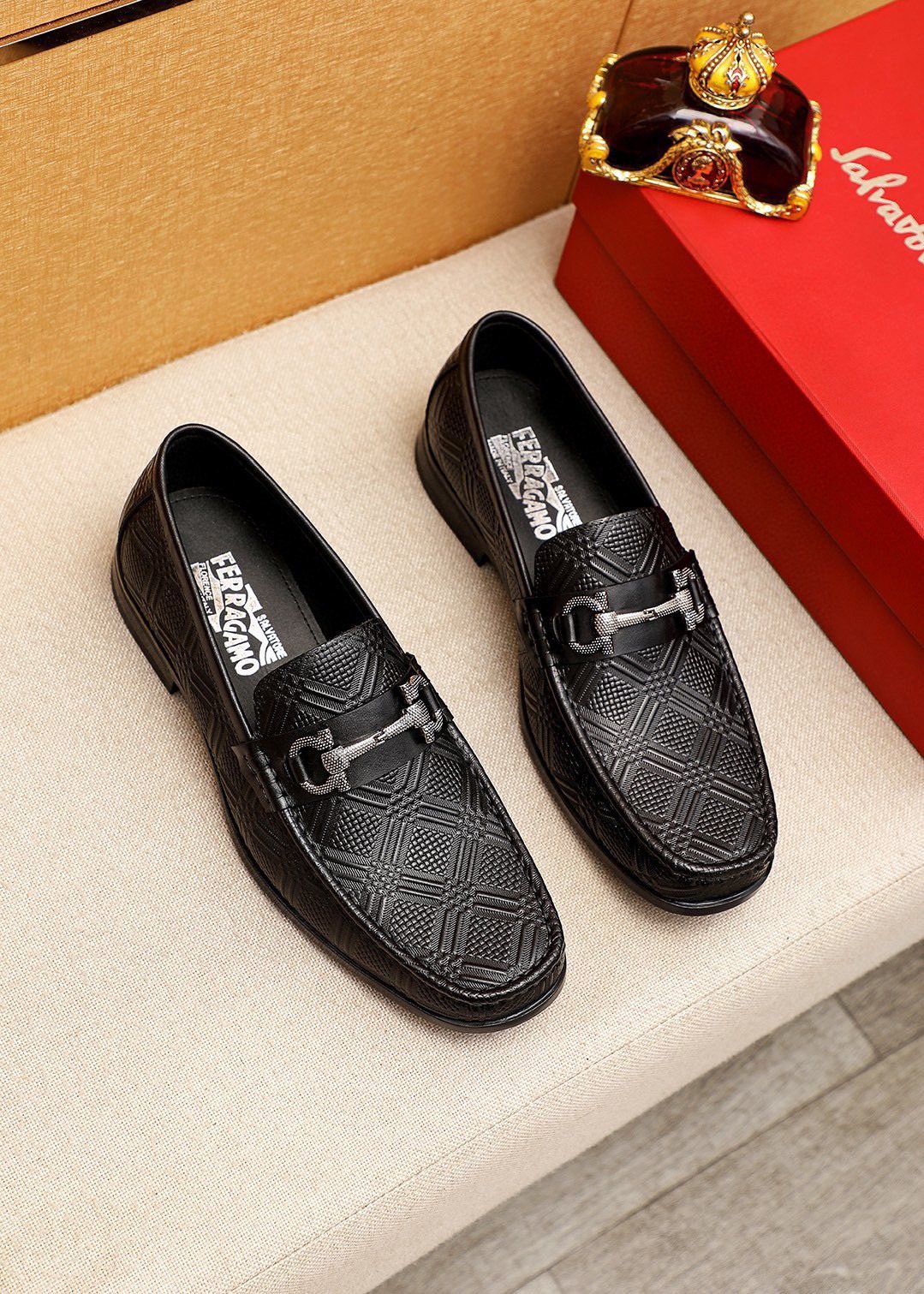 Ferragamo Black Embossed Buckle Loafers - Rubber Sole